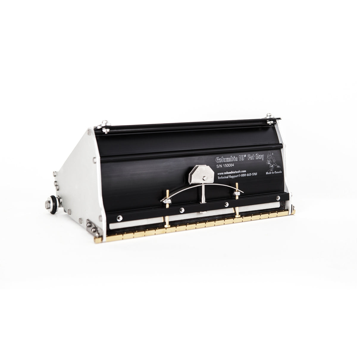 10-inch Columbia Fat Boy Finishing Box made from billet aluminum with a black painted finish, steel components, a brass blade holder, and wheels