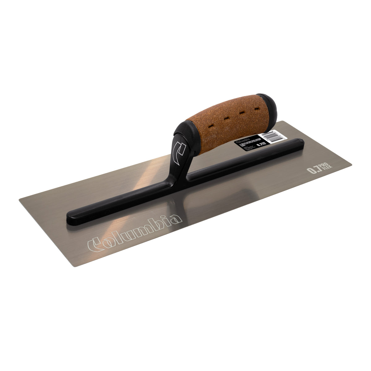 14-inch Pro Flex Columbia Flat Blade Finishing Trowel with rounded corners, brown stainless steel blade, black aluminum bar, and cork handle