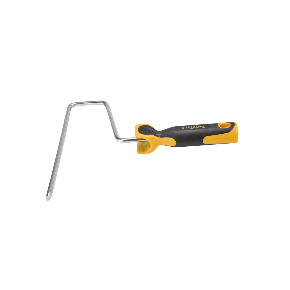 9-inch TapeTech Compound Roller Frame with a steel shaft and grey and yellow molded comfort-grip handle, side view