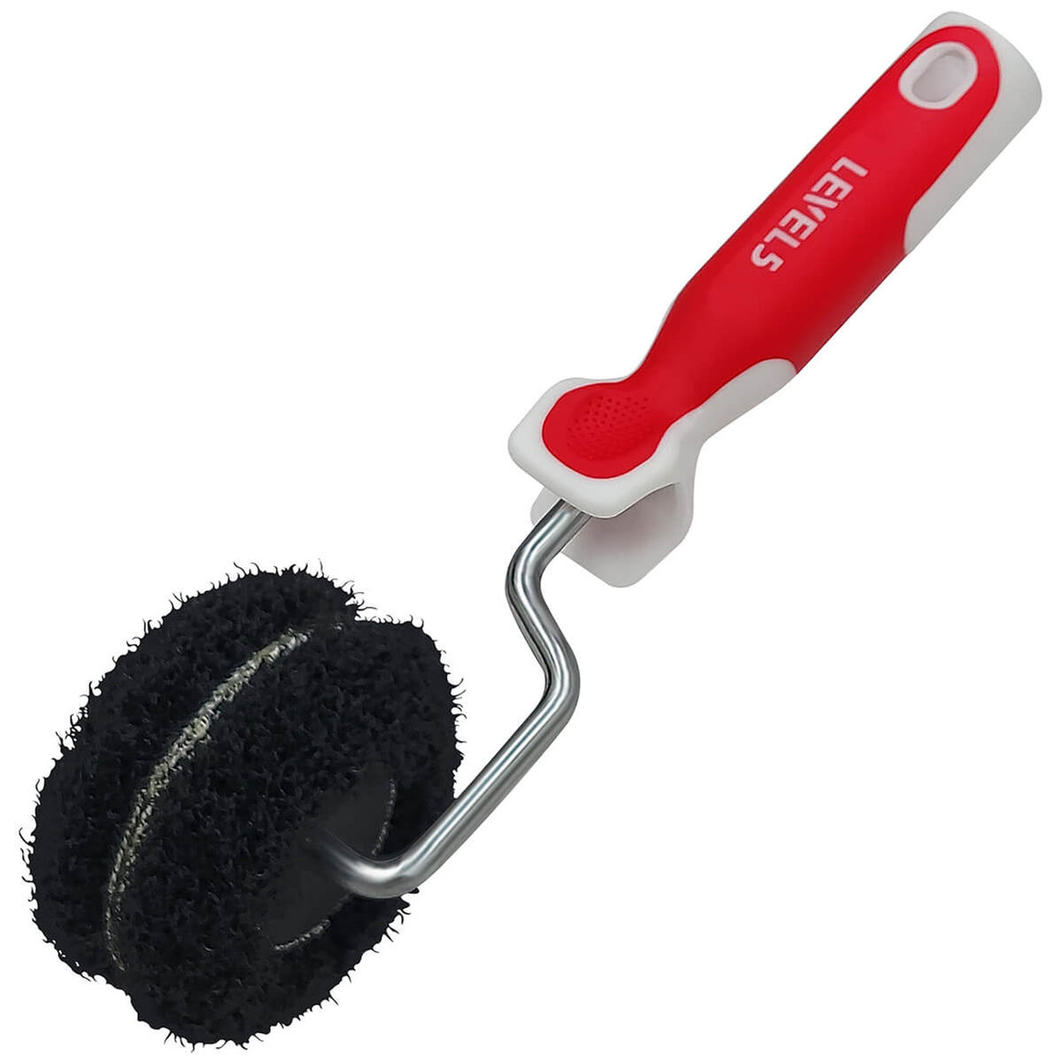 4-inch Level 5 Corner Drywall Compound Roller with black reticulated polypropylene nap, nickel-plated shank, and red soft-grip handle