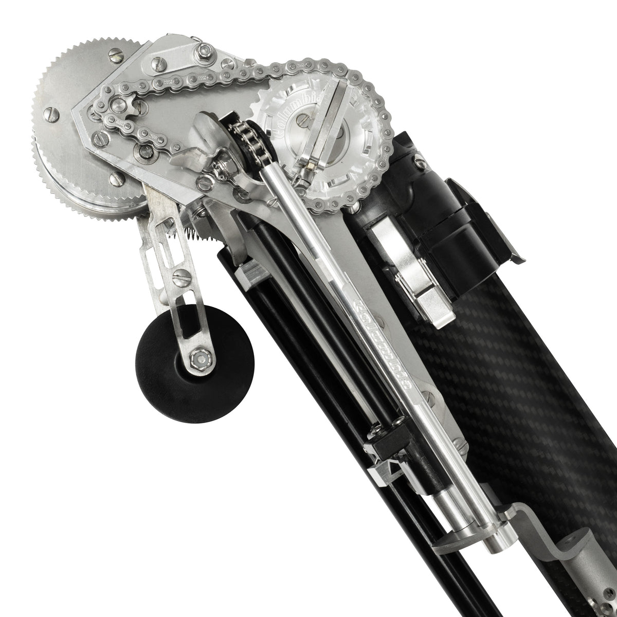 Close-up of Columbia One Predator Automatic Taper head with cutting blade and extended black creaser wheel, side view