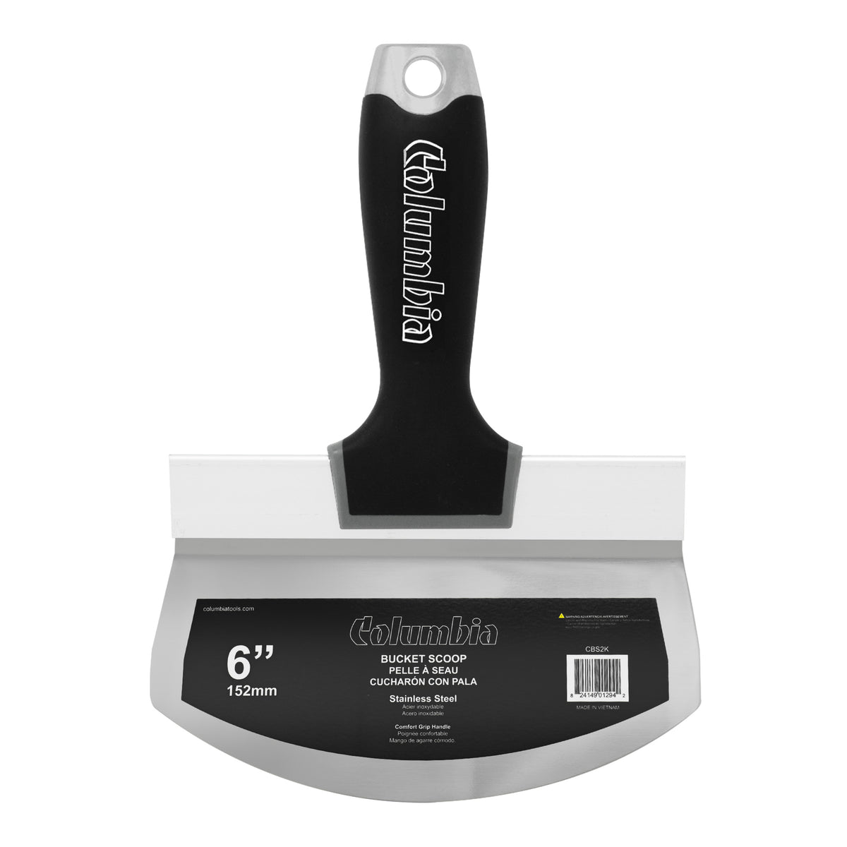 6-inch Columbia Bucket Scoop with curved stainless steel blade and black soft grip handle with hammer head