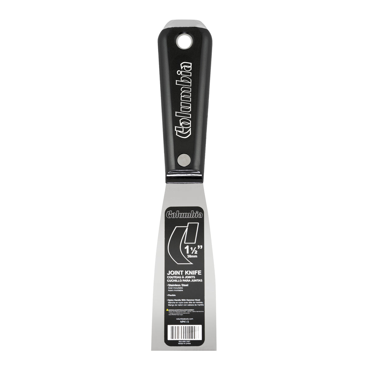 1.5-inch Columbia Joint Knife with stainless steel blade and black nylon handle with steel hammer head