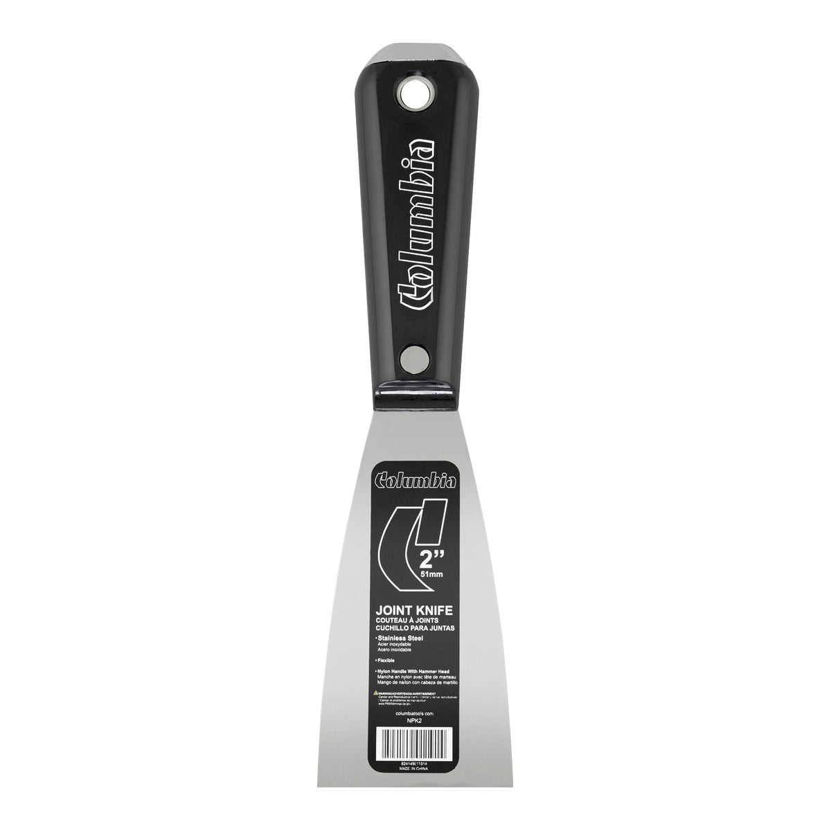 2-inch Columbia Joint Knife with stainless steel blade and black nylon handle with steel hammer head