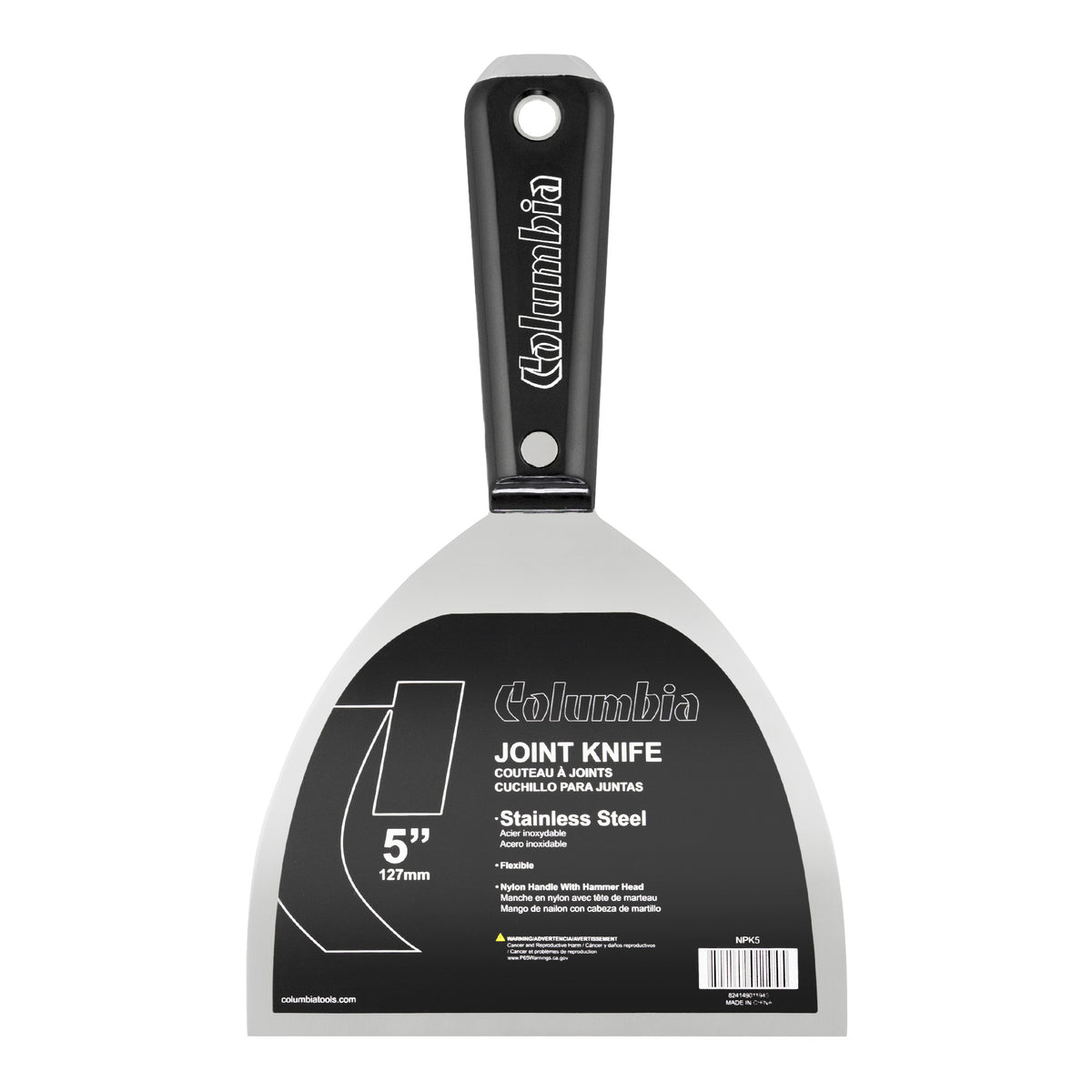 5-inch Columbia Joint Knife with stainless steel blade and black nylon handle with steel hammer head