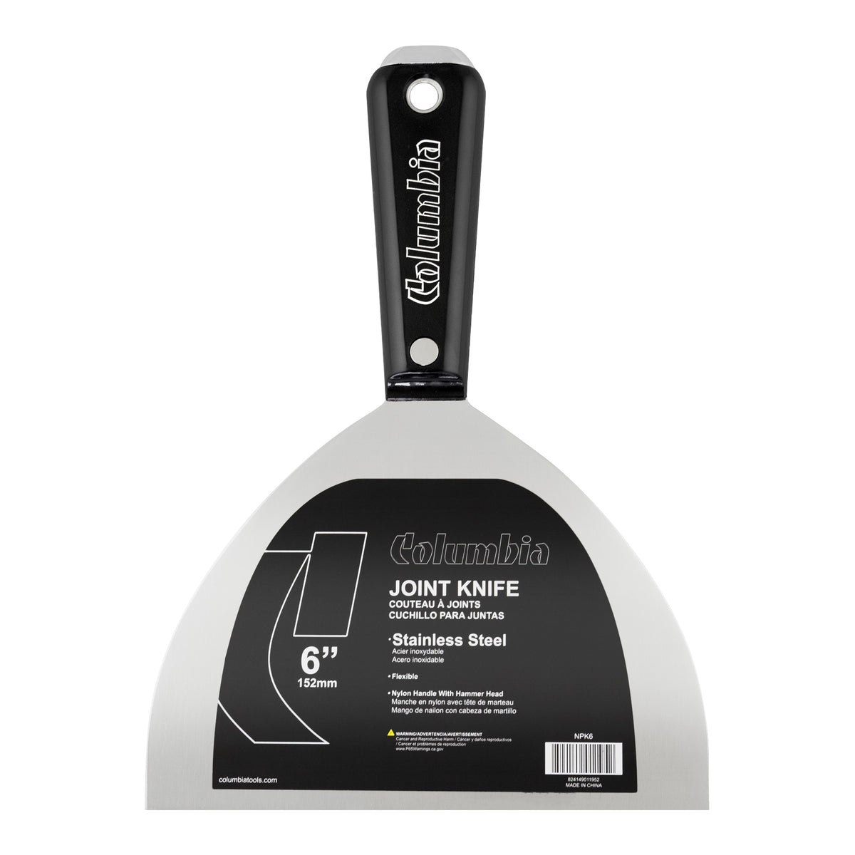 6-inch Columbia Joint Knife with stainless steel blade and black nylon handle with steel hammer head
