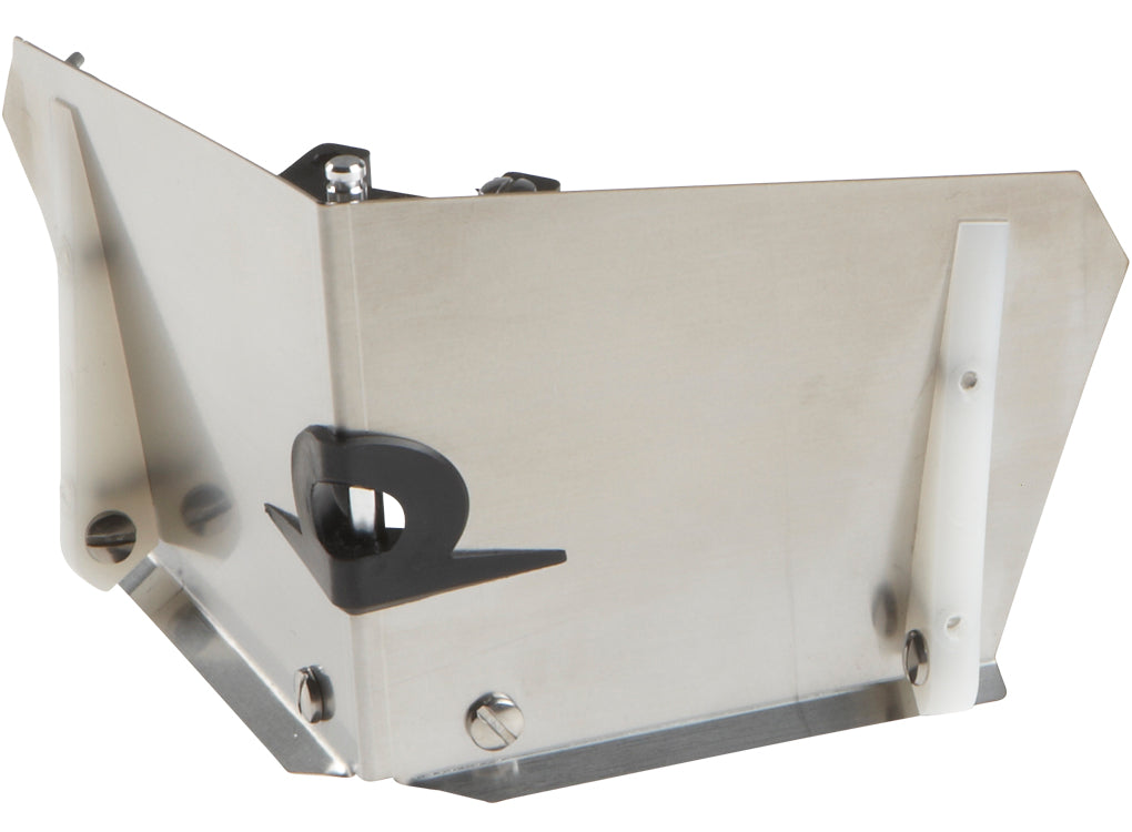 4-inch TapeTech Corner Flusher with stainless steel body and white plastic skids, quarter view