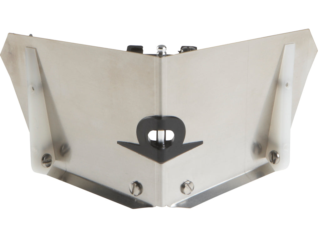 4-inch TapeTech Corner Flusher with stainless steel body and white plastic skids, front view