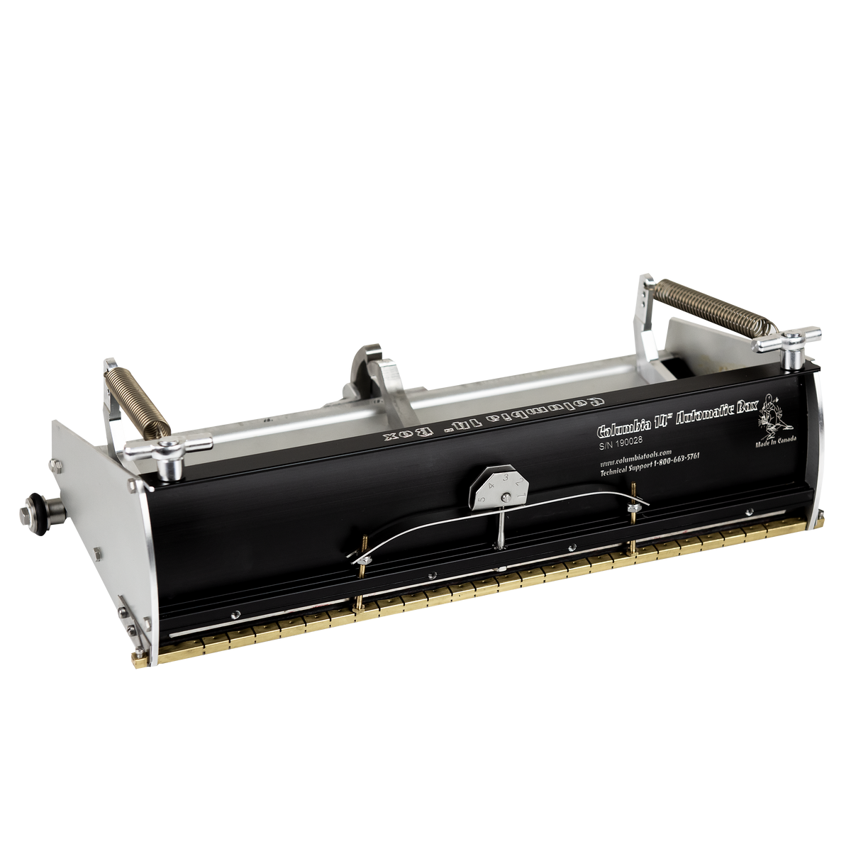 14-inch Columbia Automatic Flat Finishing Box made from billet aluminum with a black painted finish, steel components, a brass blade holder, and wheels