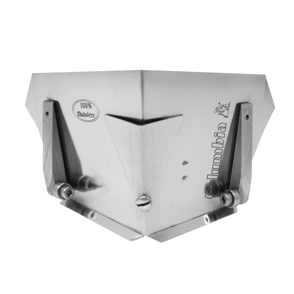 4-inch wide Columbia Direct Flusher made from aluminum with steel components and wheels, front view