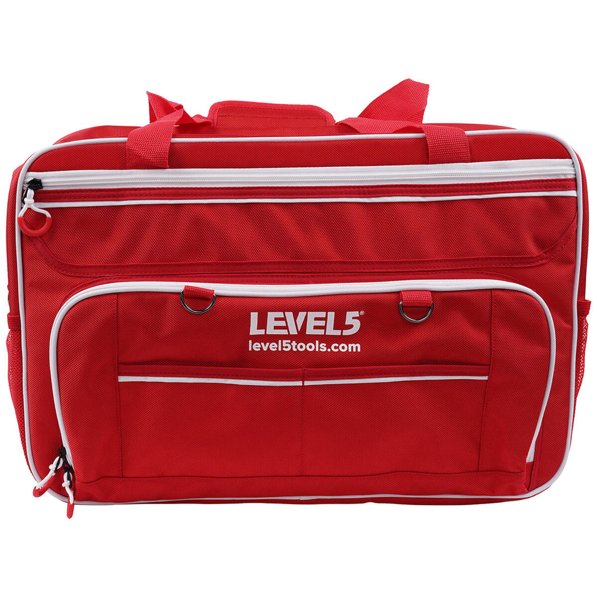 20-inch red Level 5 Duffel Tool Bag with zipper side pockets, mesh side pockets, and white zipper, front view