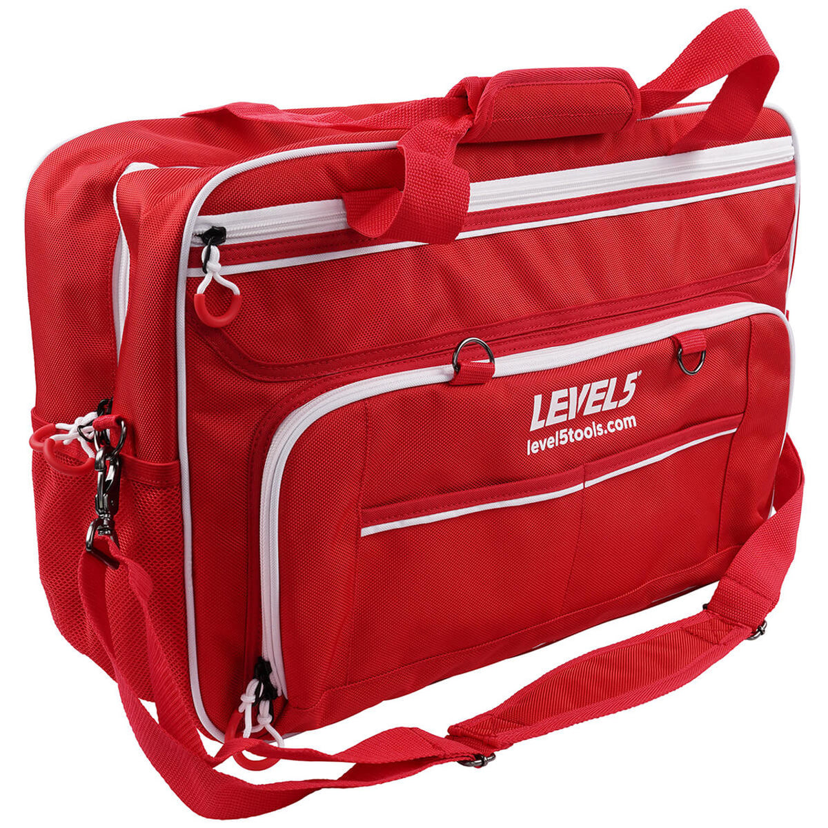 20-inch red Level 5 Duffel Tool Bag with zipper side pockets, mesh side pockets, shoulder strap, and white zipper, quarter view