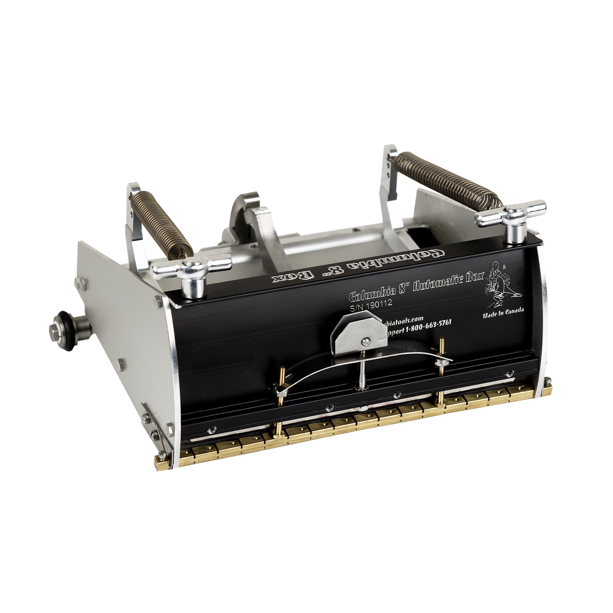 8-inch Columbia Automatic Flat Finishing Box made from billet aluminum with a black painted finish, steel components, a brass blade holder, and wheels