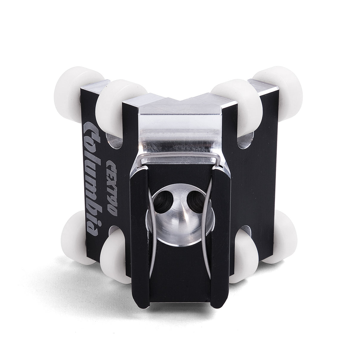 90-degree Columbia External Applicator made from billet aluminum with a black finish and 8 white plastic wheels, back view