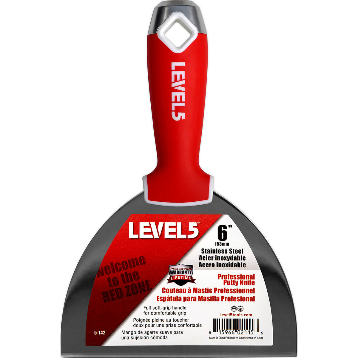 6-inch Level 5 Stainless Steel Joint Knife with steel blade, red soft-grip handle, metal hammer end, and hang hole