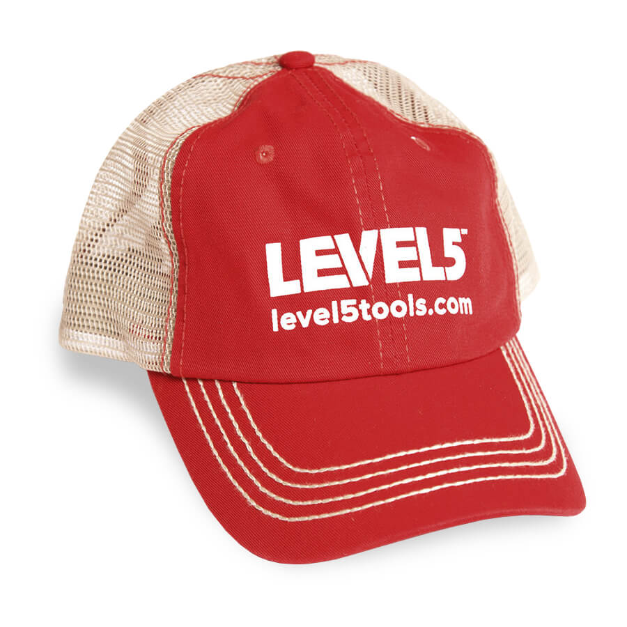 Level 5 baseball cap with beige mesh and a red front panel and brim