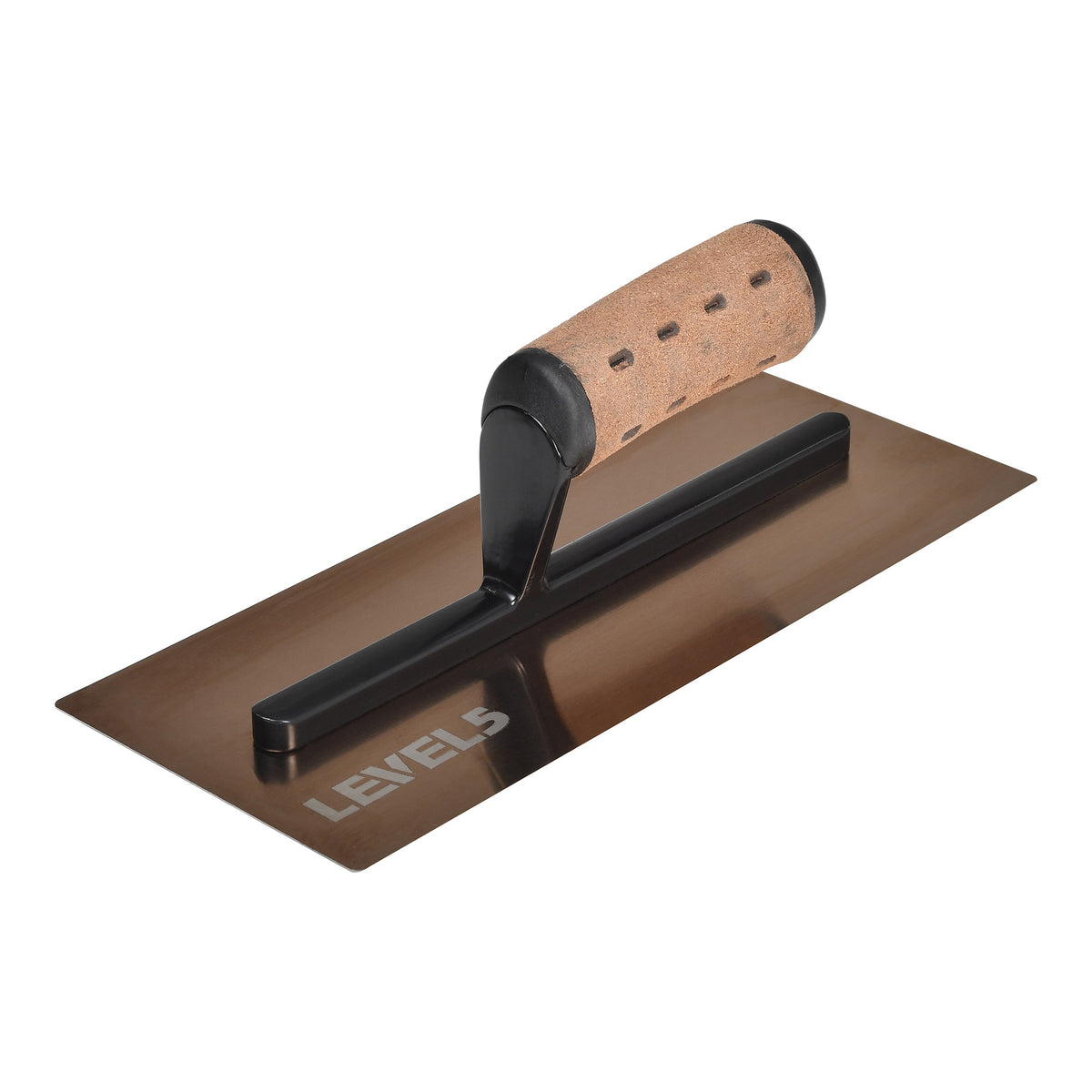 11.5-inch Level 5 Triple Hardened Rigid Flat Golden Trowel with stainless steel blade, black handle mount, and non-slip leather composite grips
