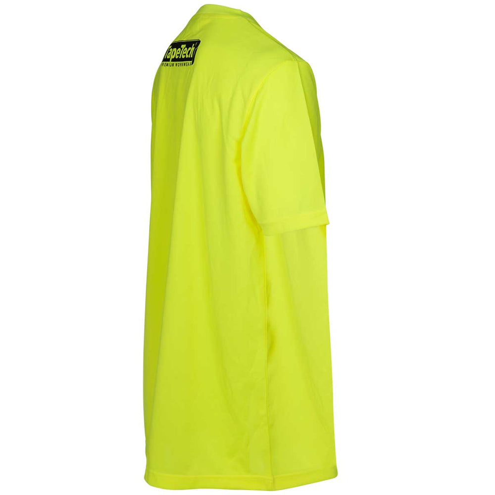 Right side of TapeTech High Visibility Premium Short Sleeve Work Shirt in neon yellow with a black TapeTech logo on the right sleeve