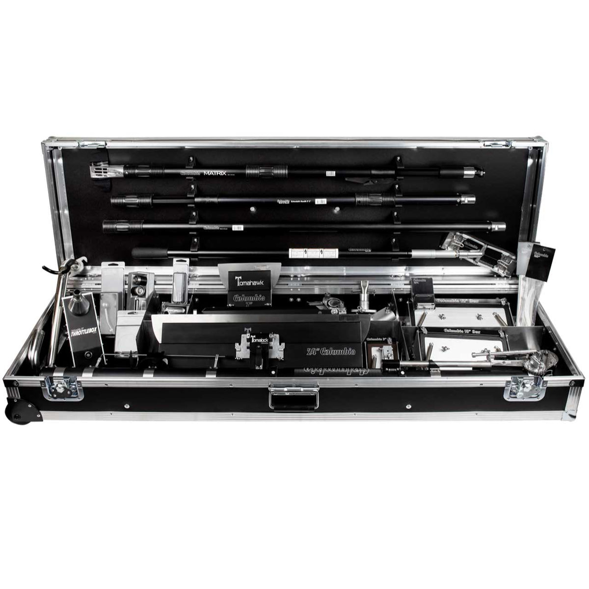 Front view of an open Columbia automatic taping tool case containing handles, skimming blades, automatic taping attachments, a mud pump, and an automatic taper