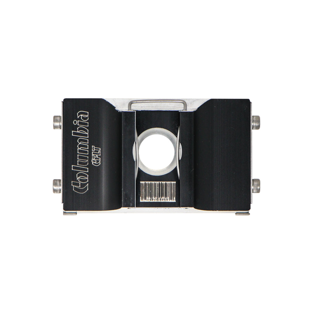 Columbia Flat Applicator made from billet aluminum and steel components with a black painted finish, back view