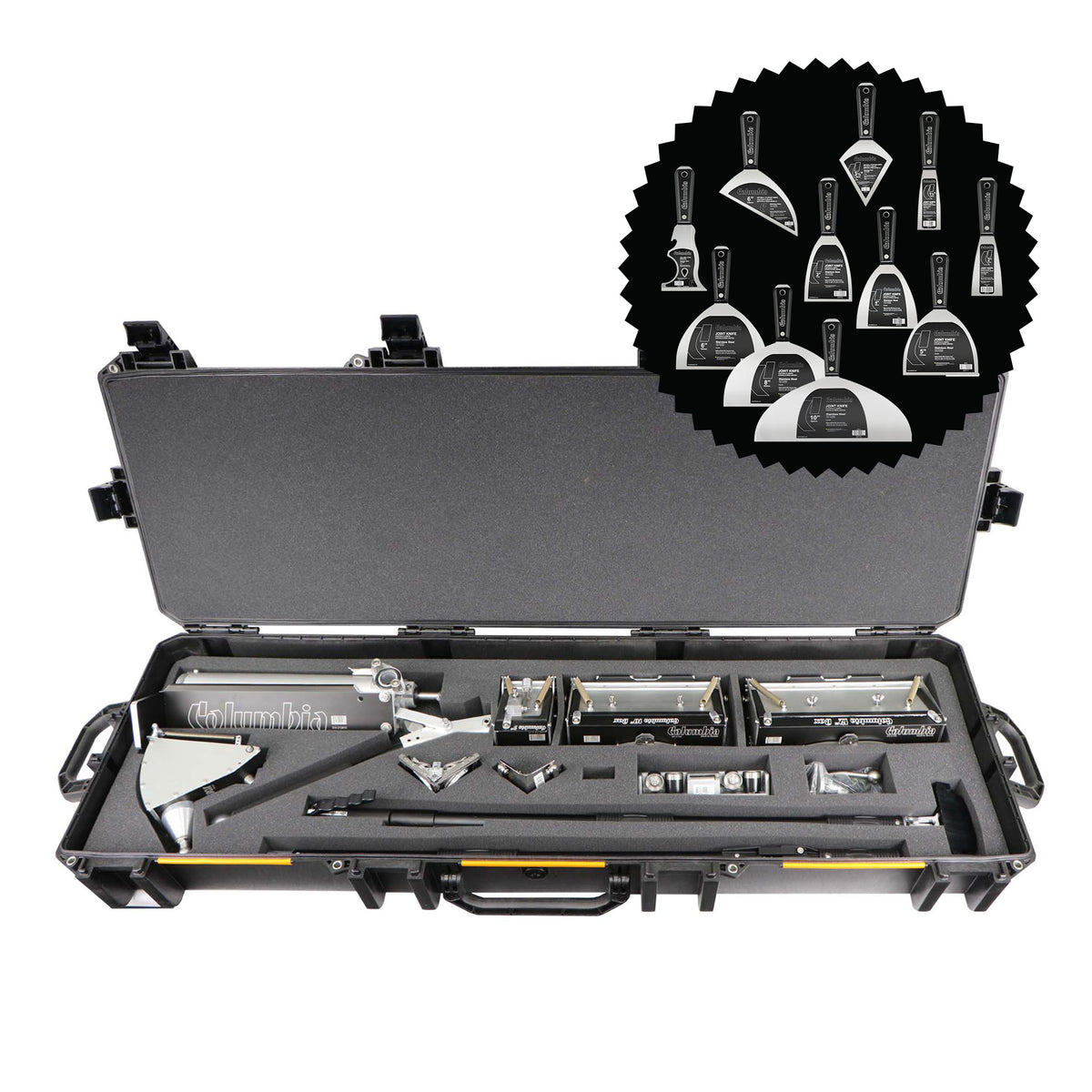 Open Pelican V800 Vault Black Tool Case with a grey foam interior filled with Columbia automatic taping tools and a bonus hand tool set