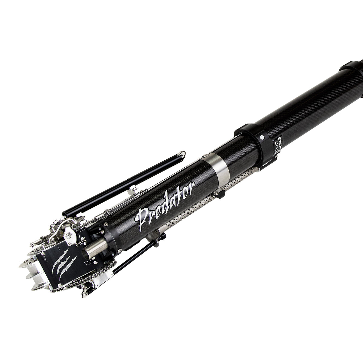 Close-up of Columbia Predator Taper with black carbon fiber body and steel blades and components