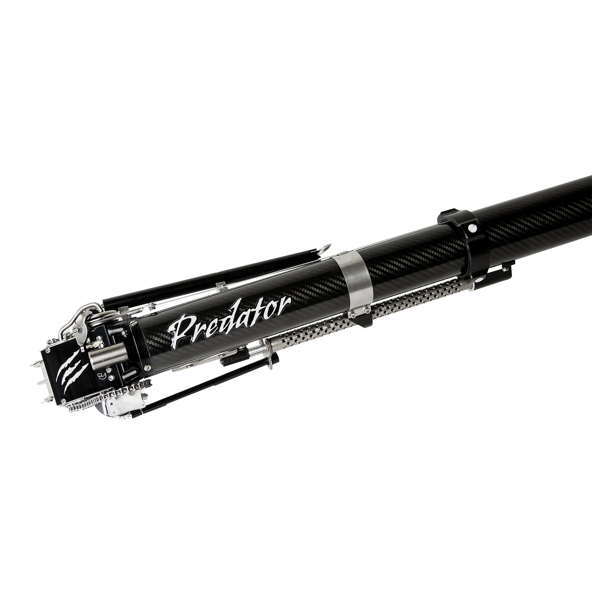 Close-up of Columbia Predator Taper with black carbon fiber body and steel blades and components, top view