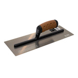 14-inch Pro Flex Columbia Flat Blade Finishing Trowel with rounded corners, brown stainless steel blade, black aluminum bar, and cork handle
