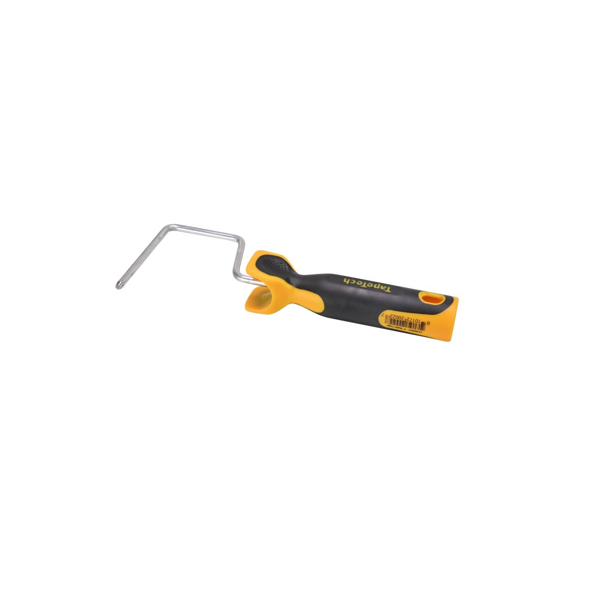 4-inch TapeTech Compound Roller Frame with a steel shaft and grey and yellow molded comfort-grip handle, side view