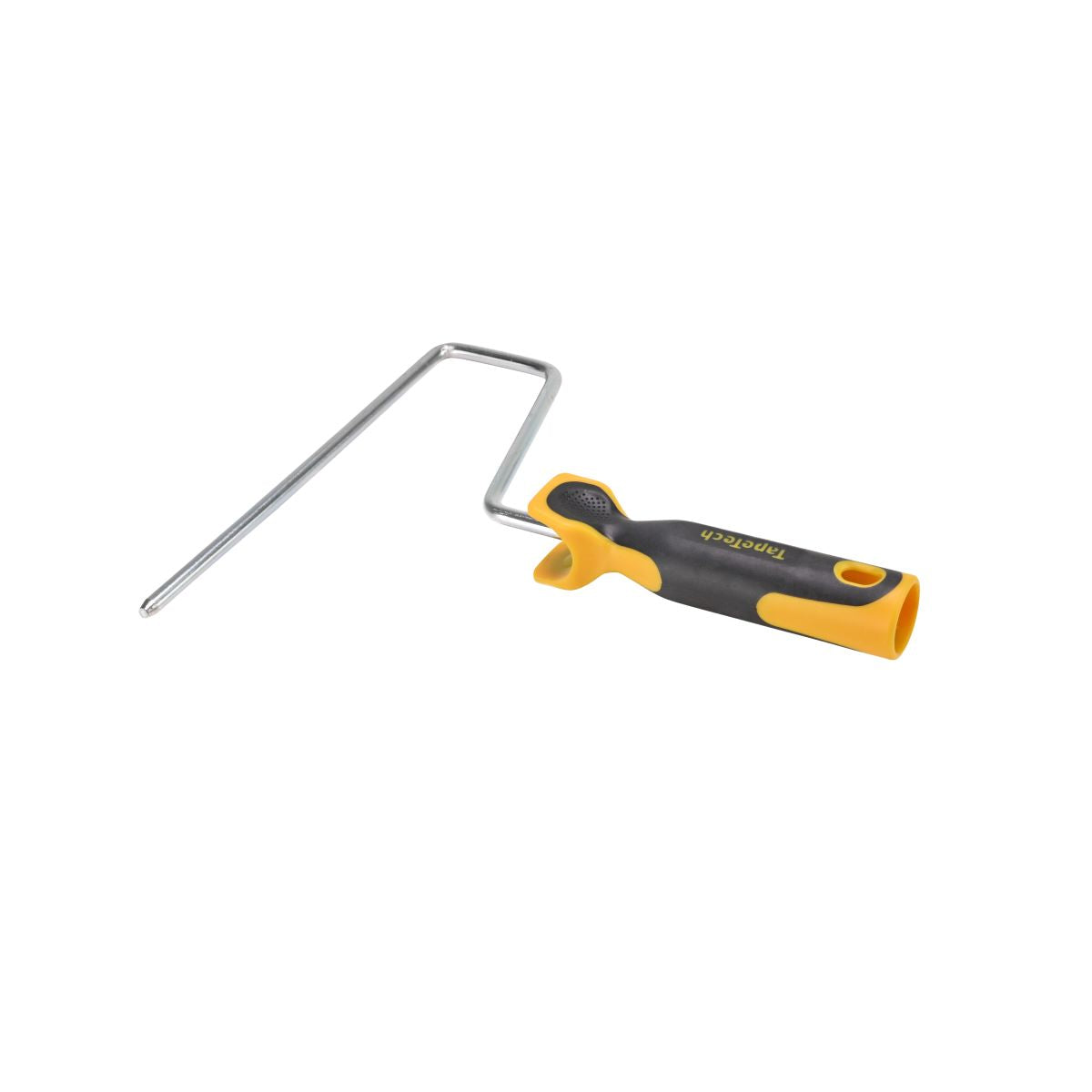 9-inch TapeTech Compound Roller Frame with a steel shaft and grey and yellow molded comfort-grip handle, side view