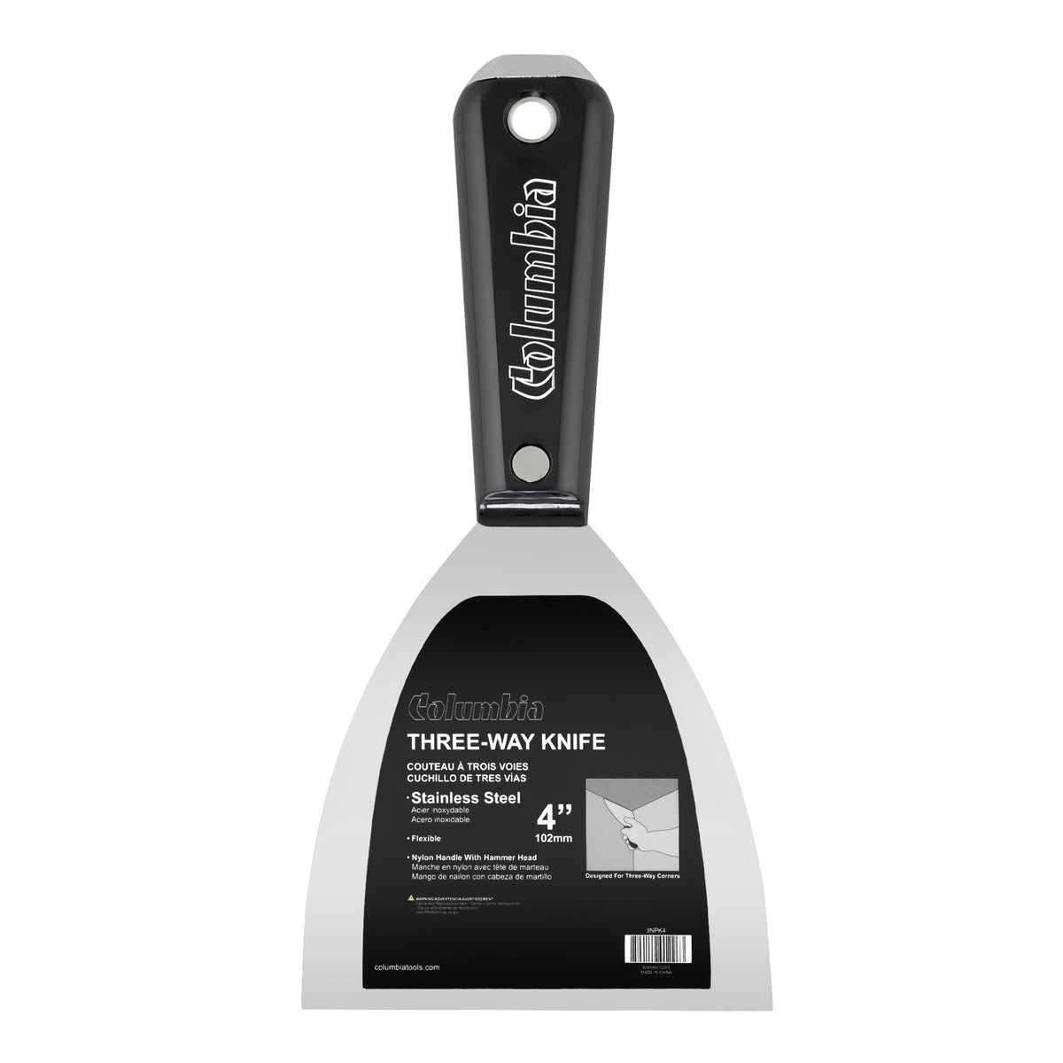 4-inch Columbia 3Way Putty Knife with stainless steel blade and black nylon handle