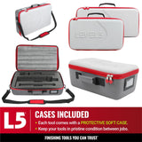 Level 5 soft cases with a light and dark grey exterior, black shoulder strap, red zipper, and foam interior cutouts