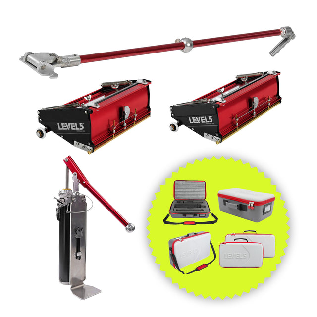 Level 5 automatic taping set including flat box extension handle, 10-inch and 12-inch flat boxes, mud pump, and bonus carrying cases
