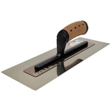 16-inch Level 5 Flat Flex Finishing Trowel with stainless steel blade, black powder coated handle mount, and non-slip leather composite grips