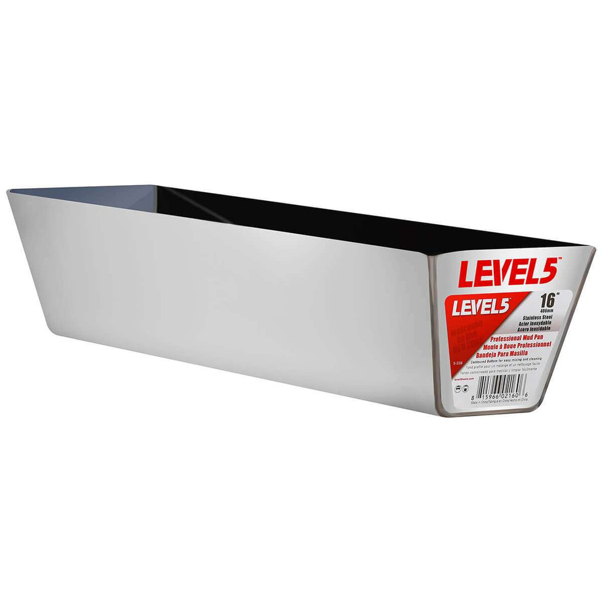16-inch Level 5 polished stainless steel mud pan with welded end caps