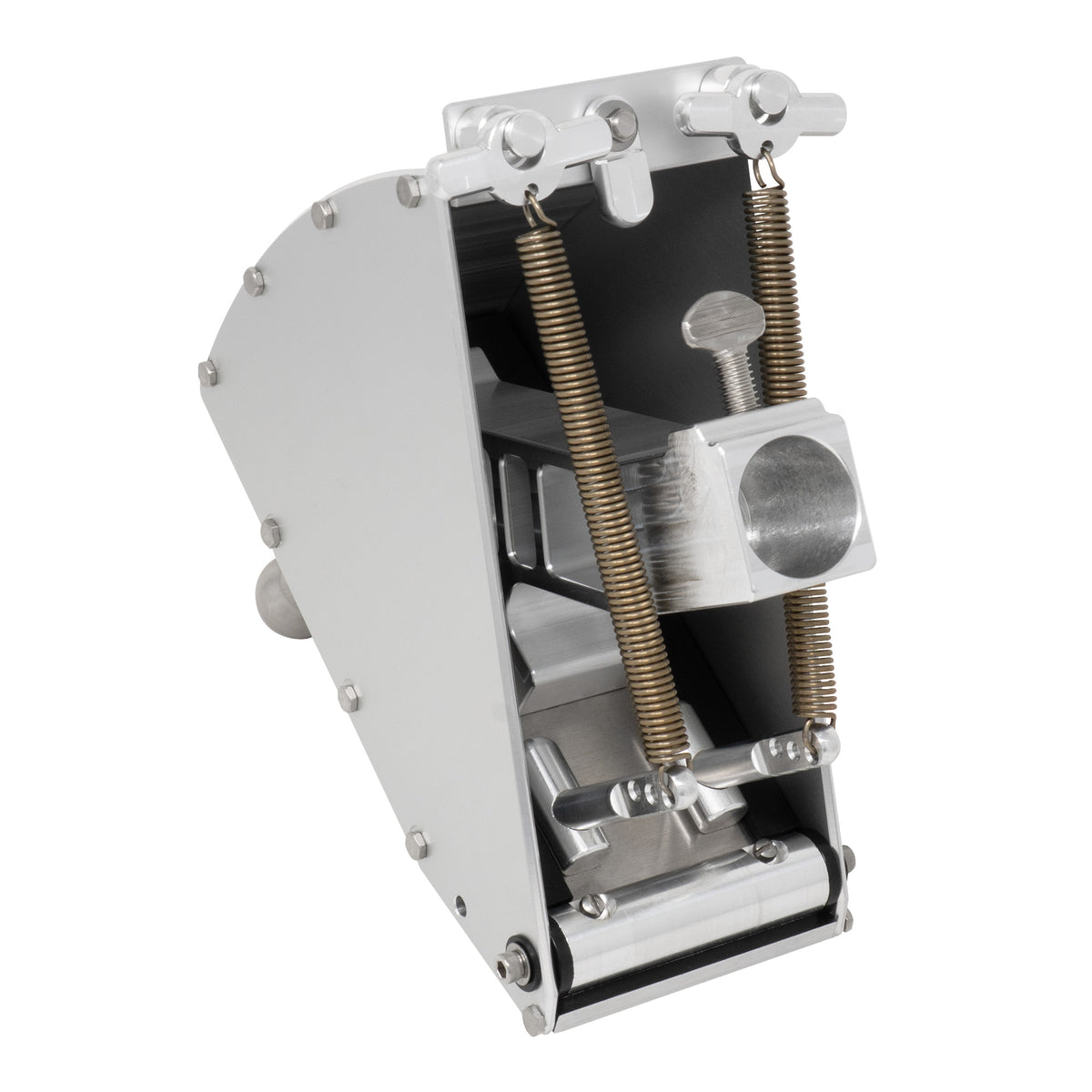 7-inch Columbia Throttle Box made from billet aluminum and steel components, featuring a threaded steel ball, springs, and black details, back view