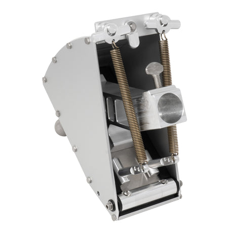 7-inch Columbia Throttle Box made from billet aluminum and steel components, featuring a threaded steel ball, springs, and black details, back view