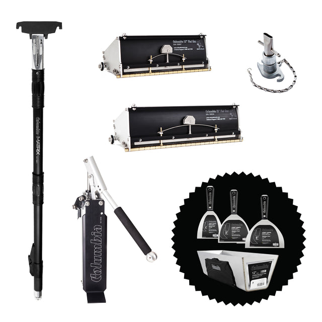 Automatic taping set including a box handle, mud pump, box filler, 10-inch and 12-inch finishing boxes, and bonus stainless steel joint knives and mud pan