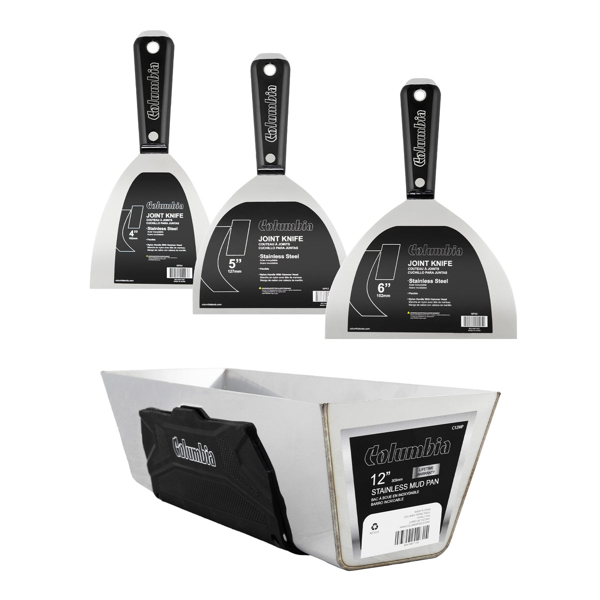 4-inch, 5-inch, and 6-inch stainless steel joint knives with black nylon handles, plus a 12-inch mud pan with a black rubber grip