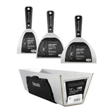 4-inch, 5-inch, and 6-inch stainless steel joint knives with black nylon handles, plus a 12-inch mud pan with a black rubber grip