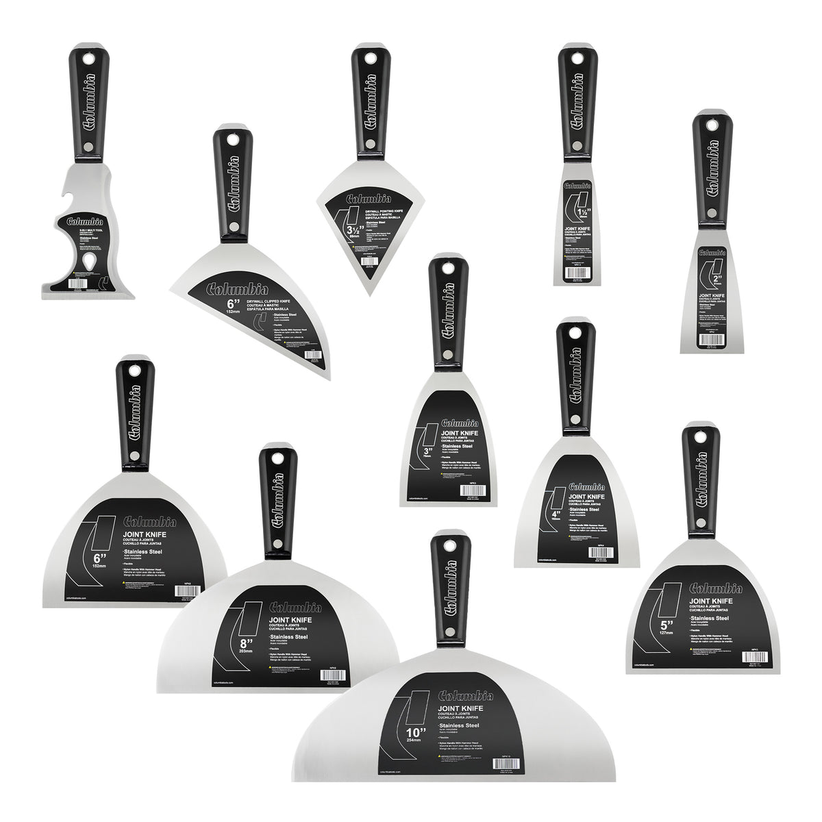 Columbia hand tool set with 8 joint knives, clipped knife, pointed knife, and multi-tool, made of stainless steel with black nylon handles