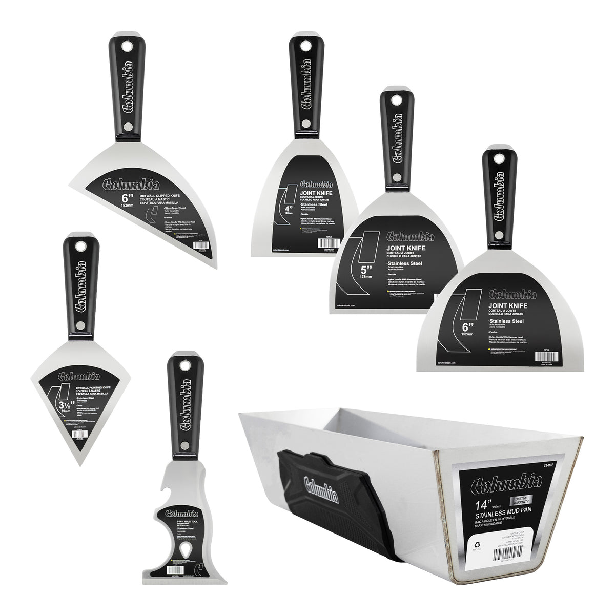 Columbia hand tool set with joint knives, mud pan, clipped knife, pointed knife, and multi-tool, made of stainless steel with black nylon handles