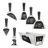 Columbia hand tool set with joint knives, mud pan, clipped knife, pointed knife, and multi-tool, made of stainless steel with black nylon handles