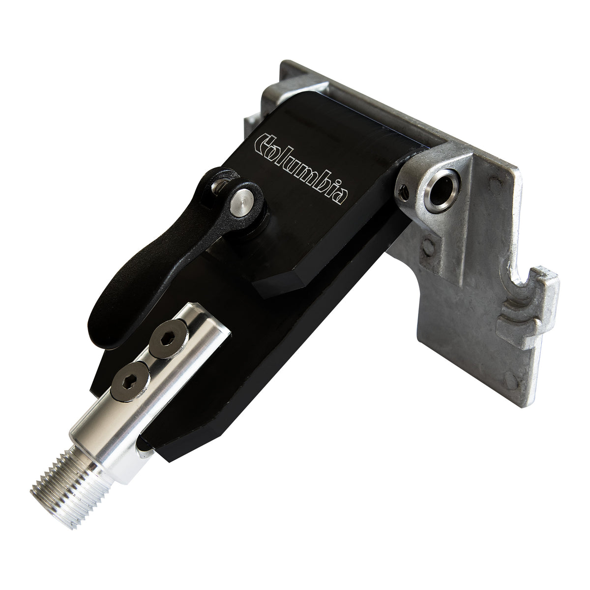 Close-up of the Columbia Tomalock Adaptor made from billet aluminum with a black finish, compatible with smoothing blades
