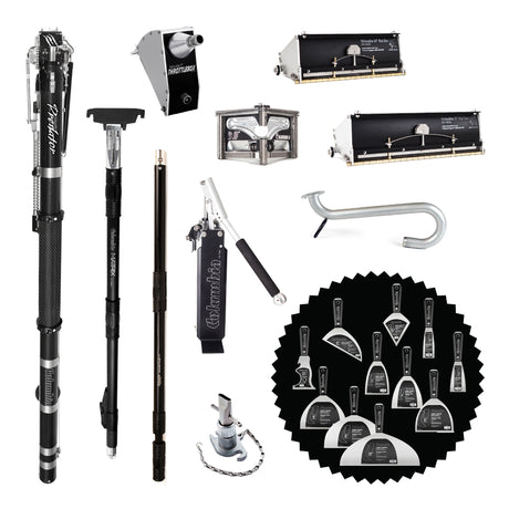 Columbia Predator automatic taping set including auto taper, handles, mud pump, box filler, finishing boxes, head attachments, and bonus hand tools