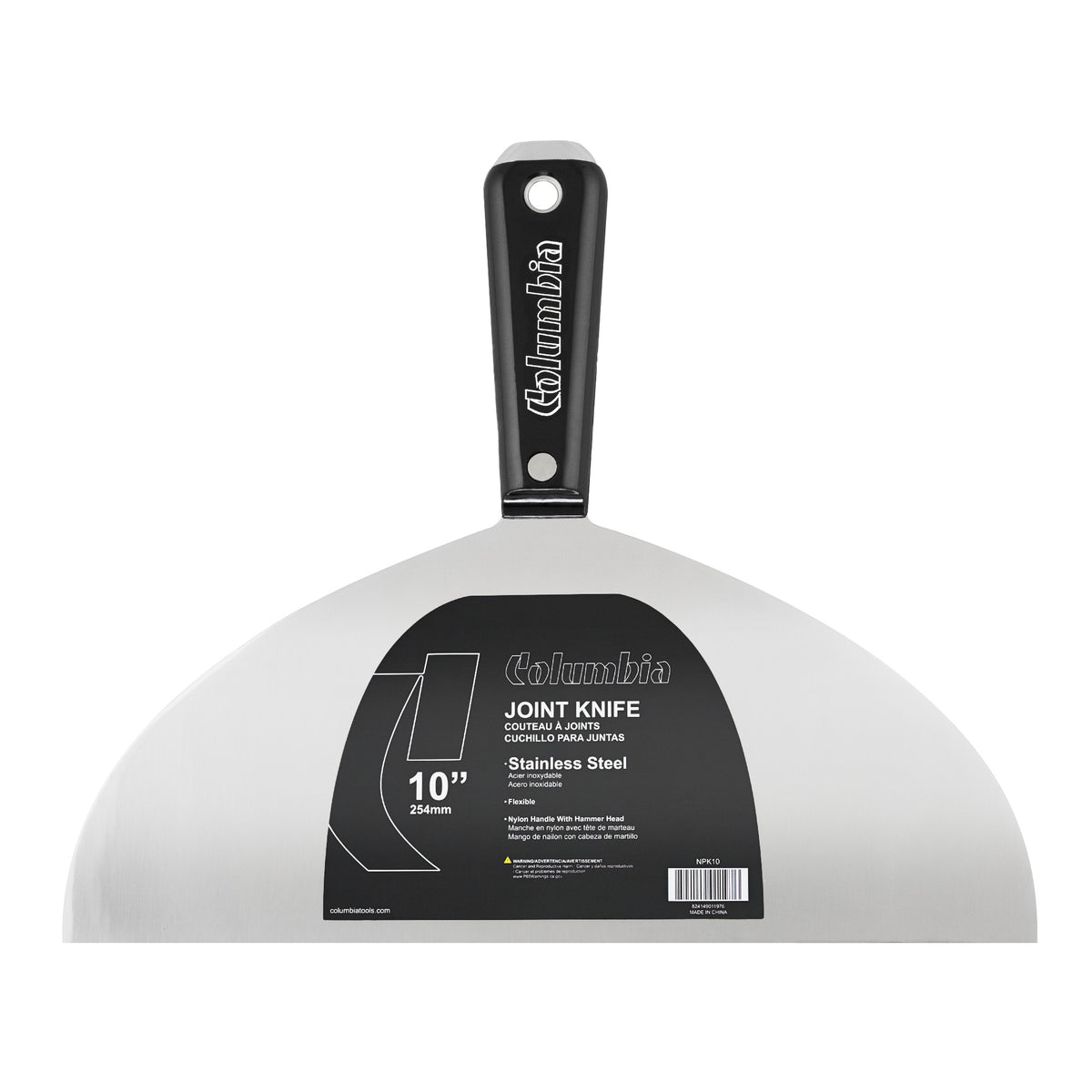 10-inch Columbia Joint Knife with stainless steel blade and black nylon handle with steel hammer head