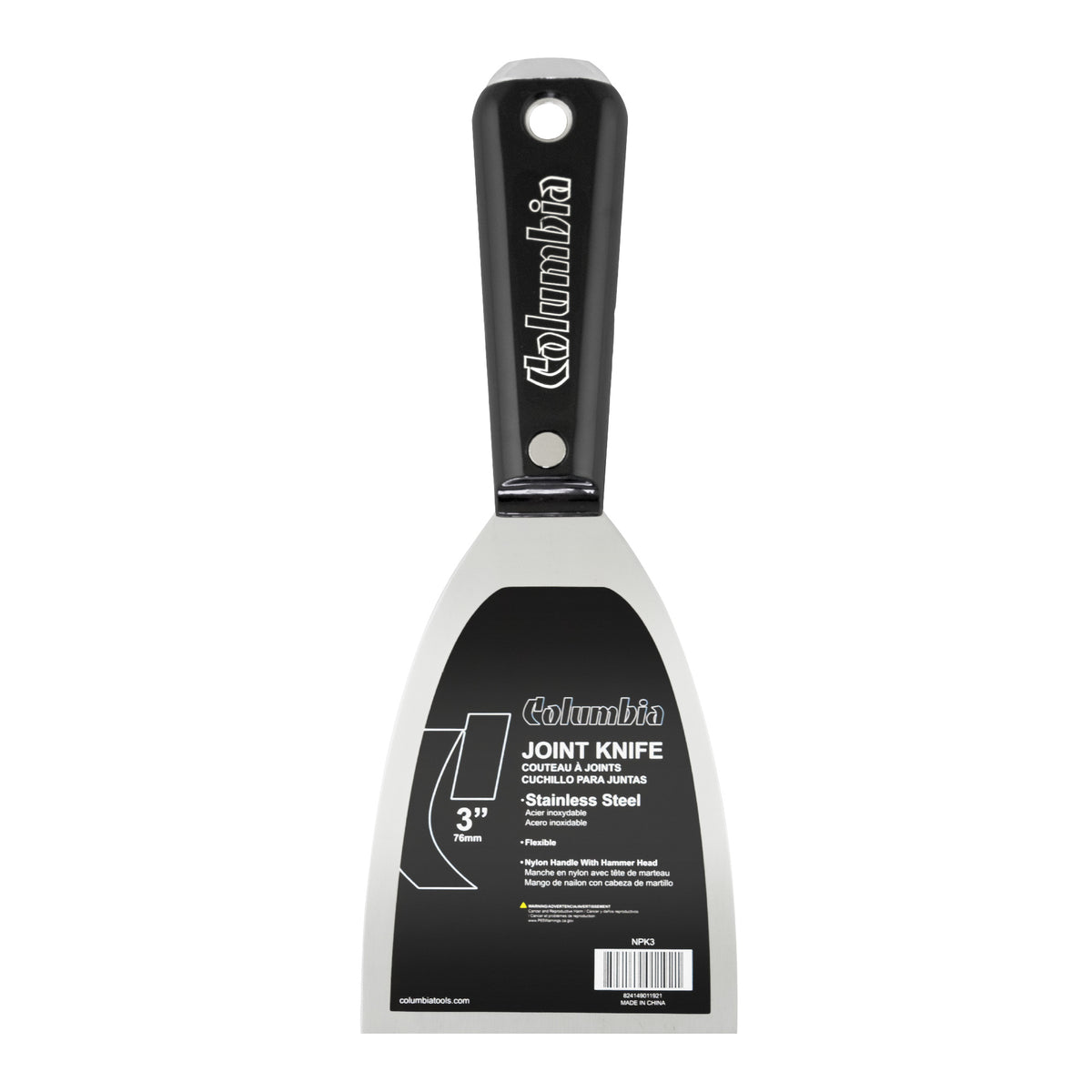 3-inch Columbia Joint Knife with stainless steel blade and black nylon handle with steel hammer head