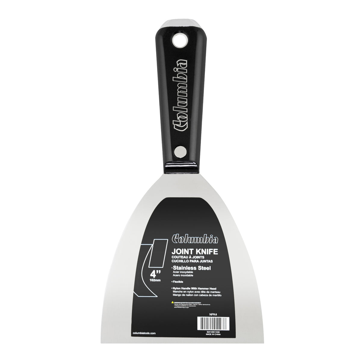 4-inch Columbia Joint Knife with stainless steel blade and black nylon handle with steel hammer head