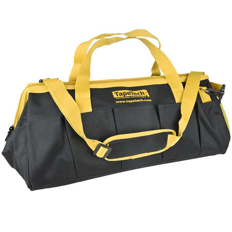 Black 22-inch TapeTech Gate Mouth Utility Bag with yellow handles, shoulder strap, and zipper, quarter view