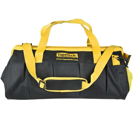 Black 22-inch TapeTech Gate Mouth Utility Bag with yellow handles, shoulder strap, and zipper, front view